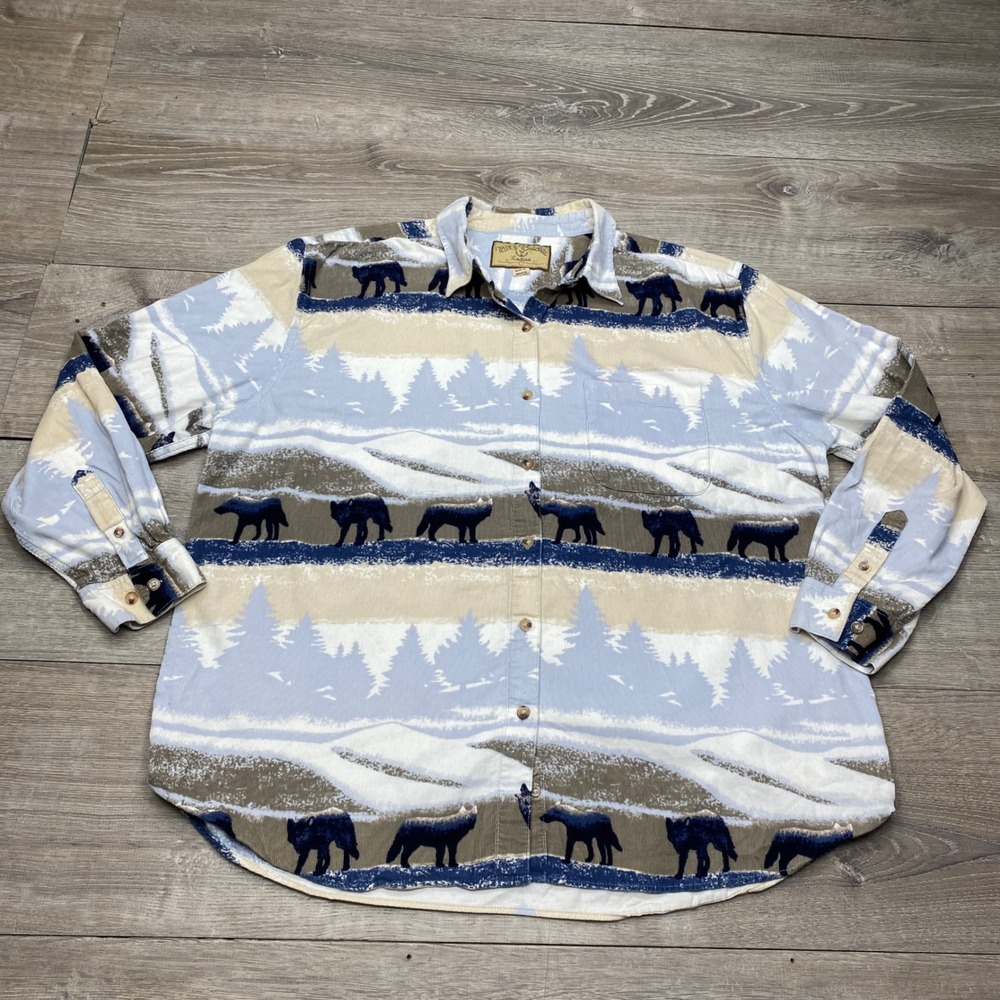 Bit & Bridle‎ Corduroy Shirt Ladies XL Blue Wolf Nature Print Long Sleeve Cotton
